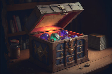 Chest opened with magical dice 20. Role-playing game illustration. Generative AI. - obrazy, fototapety, plakaty
