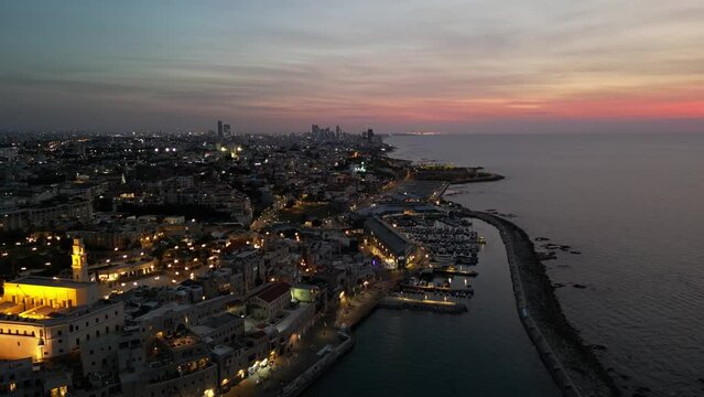 Old Jaffa port at sunset time aerial photography