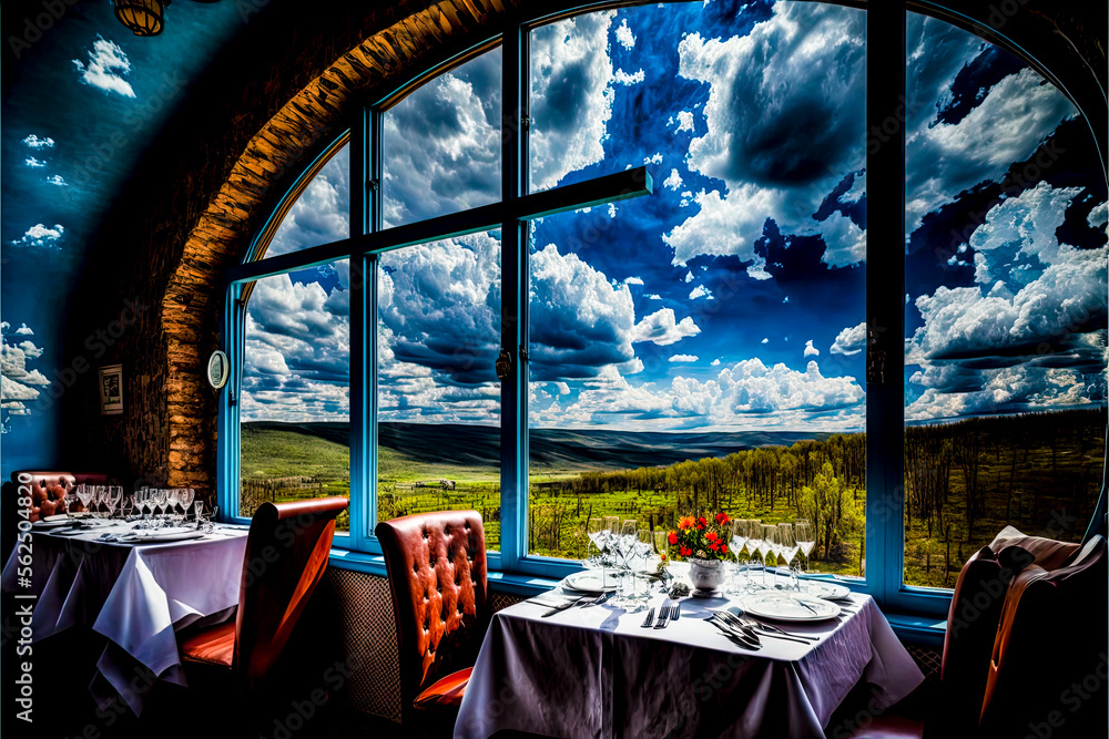 Poster a dining room with a view of a field and clouds - generative ai