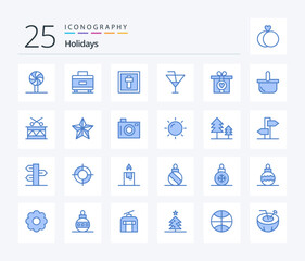 Holidays 25 Blue Color icon pack including present. gift. easter. party. glass