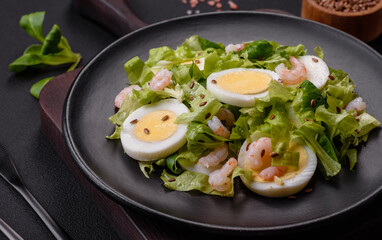 Delicious fresh healthy salad with shrimp, egg, lettuce and flax seeds