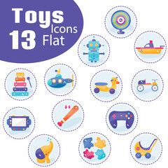 Obraz premium Set of colored toys icons Flat design Vector