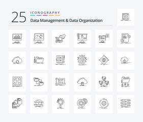 Data Management And Data Organization 25 Line icon pack including safe. secure. install. arrows. data