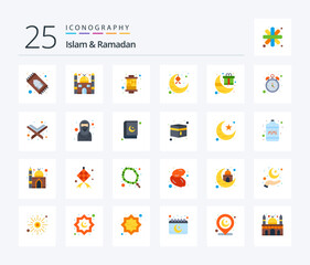Islam And Ramadan 25 Flat Color icon pack including gift. ribbon. culture. moon. decoration