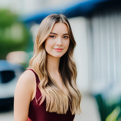 Gentle girl portrail wth little smile and long healthy hair. Generative AI