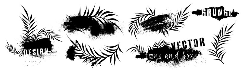 Dirty grunge elements and spray graffiti stencil. Design elements, boxes and frames for text. Dirty artistic grunge vector texture with ferns. Inked splatter dirt stain brushes with drops blots.