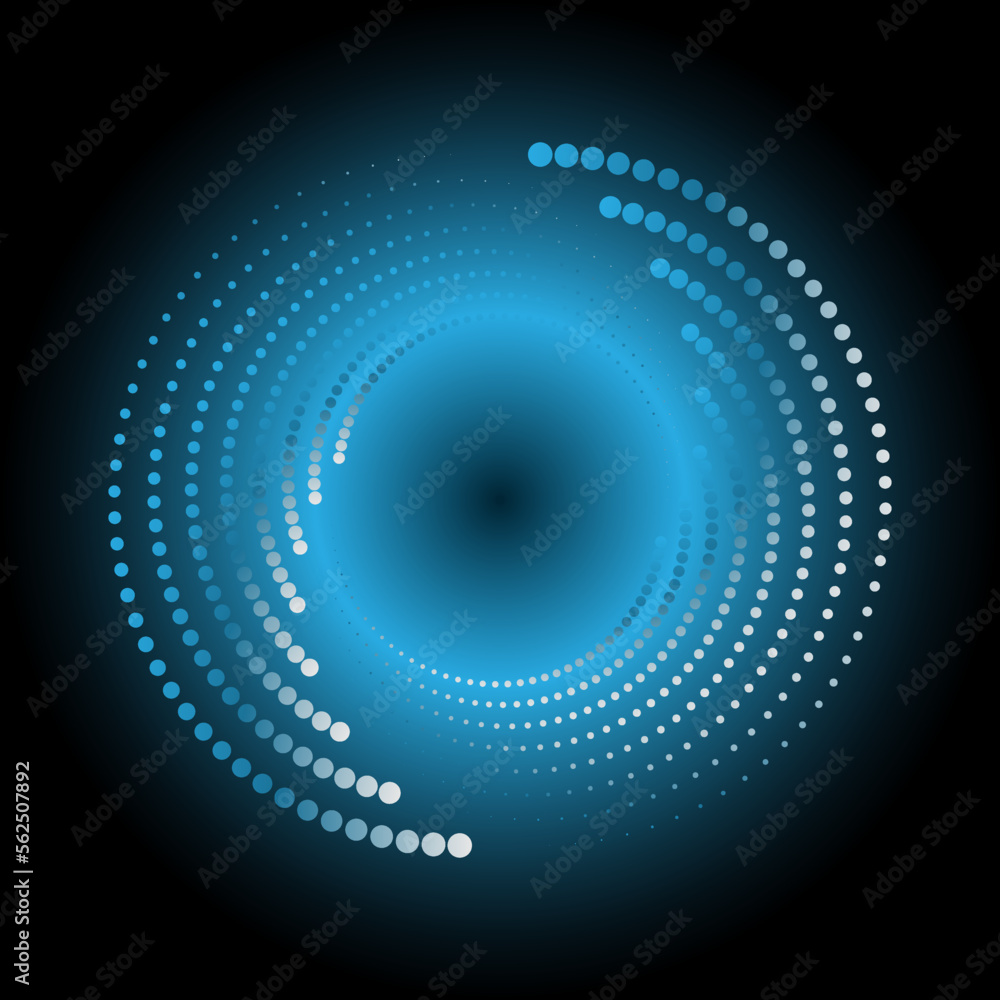 Poster a blue-white circle of dotted halftones with a glow on a black background. abstract design element. 