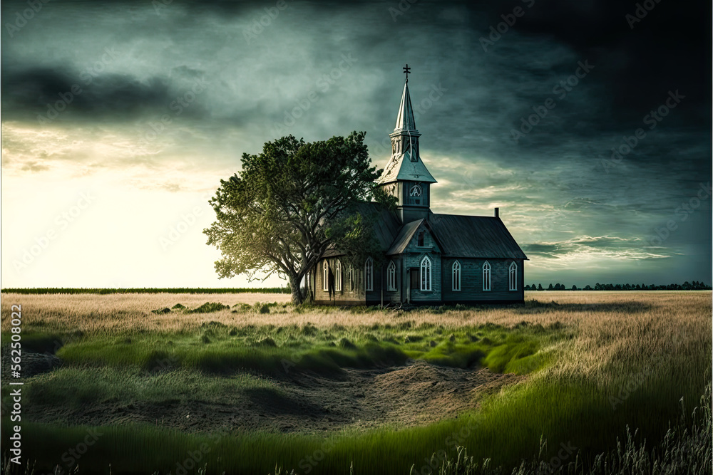 Aufkleber a church with a tree in the front - generative ai
