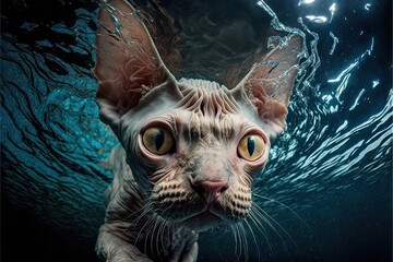 Sphynx cat underwater. Generative AI