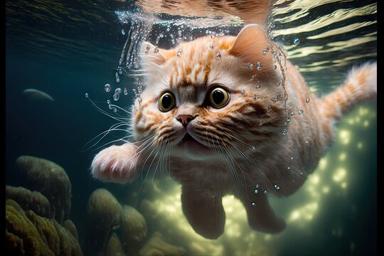 Munchkin cat underwater. Generative AI