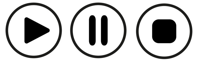 Set of black and white play, pause and stop buttons.