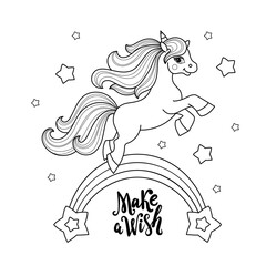 Naklejka na ściany i meble Make a wish. Unicorn on the rainbow. Black and white linear drawing. For children's design of coloring books, prints, posters, puzzles, postcards and so on. Vector