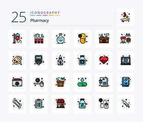 Pharmacy 25 Line Filled icon pack including front desk. medications. flask. medical pills. capsule