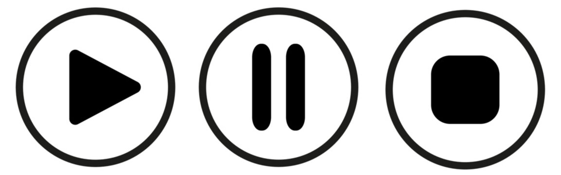 Set of black and white play, pause and stop buttons.