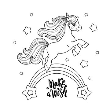 Make a wish. Unicorn on the rainbow. Black and white linear drawing. For children's design of coloring books, prints, posters, puzzles, postcards and so on. Vector