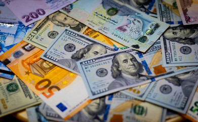 euro banknotes and coins, dollar banknotes with bitcoin