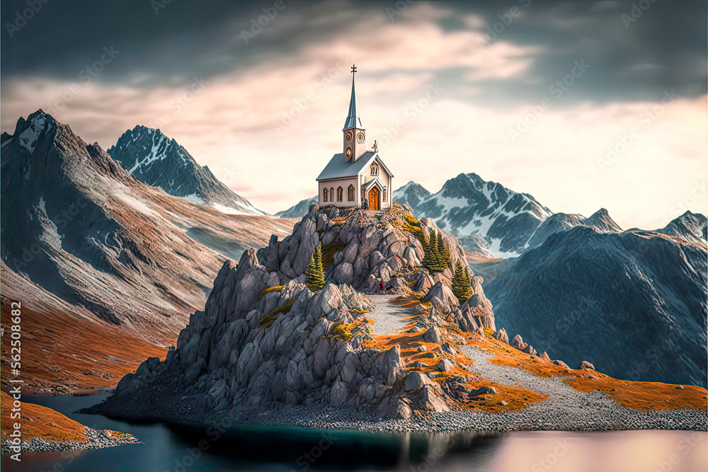 Poster a building on a mountain - generative ai