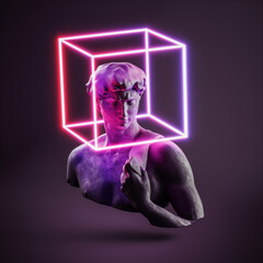 Vapor retro synth wave greek statue of david with neon light background design style concept. - obrazy, fototapety, plakaty
