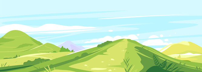 Obraz premium Tourist trails in the beautiful green mountains in sunny day, hiking travel concept illustration background, top of the hill, traverse route