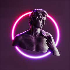Vapor retro synth wave greek statue of david with neon light background design style concept. - 562508662