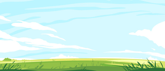 Obraz na płótnie Canvas Big panorama of green lawn, summer sunny glades with field grasses and blue sky, travel landscape illustration