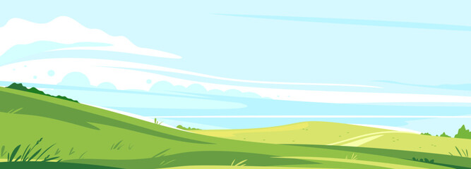 Fototapeta na wymiar Big panorama of fields and meadows, summer countryside with green hills, summer sunny glades with field grasses and blue sky, travel concept illustration
