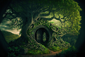 Celtic ancient forest. Sacred forest of the druids. AI generation