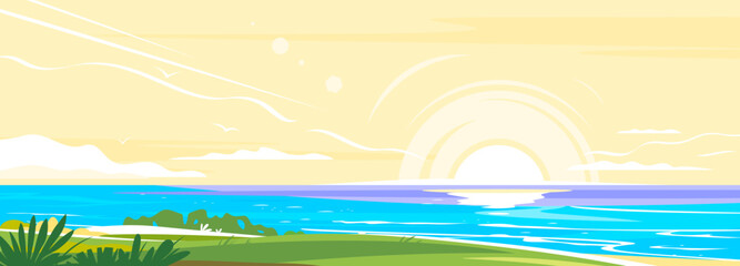 Fototapeta na wymiar Sea sunset landscape panorama near the beach with green plants, nature landscape illustration, sunrise on the beach background