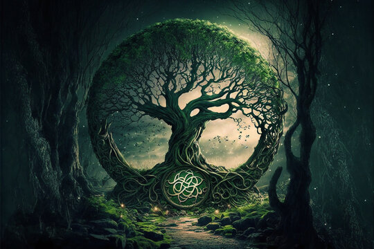 Celtic ancient forest. Sacred forest of the druids. AI generation