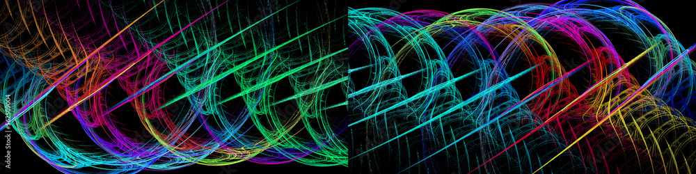 Poster on a black background swirls of colorful curves intersect straight line segments. two abstract fract