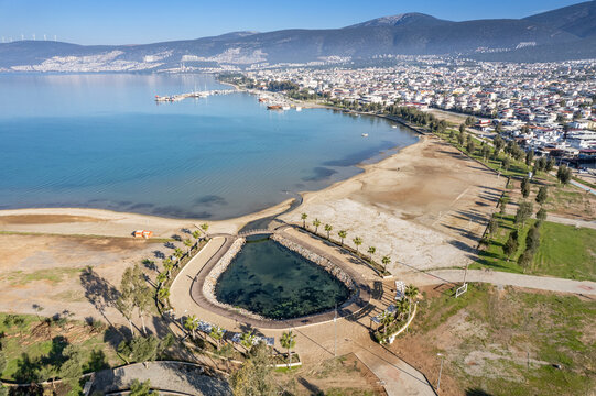Aerial view of Didim Akb&uuml;k and city center. Aydin Turkey