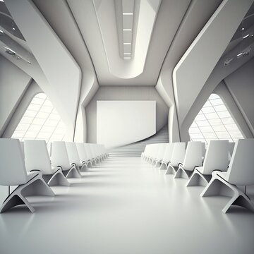 Depth of field photography of conference room. Modern, futuristic, white, clean. Presentation. Audience at the conference hall. Business and entrepreneurship. AI Generative.