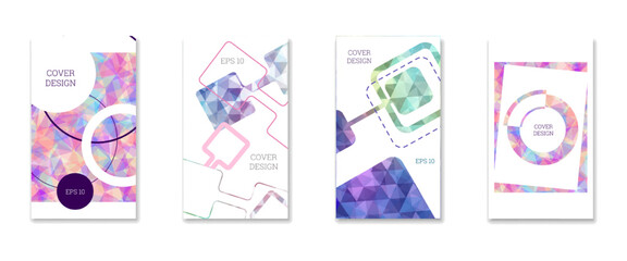 Cover design. Set of 4 covers. Imitation of crumpled paper. Unusual bright abstract background for magazine, book, splash, banner, vector. Imitation of crumpled paper