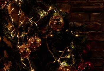 Christmas balls on bar wall background, garlands. New Year's eve. Holidays.