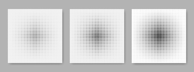 A set of black and white abstract background with a halftone pattern on a gray background. Halftone monochrome pattern with different elements. The effect of a disappearing gradient. Vector
