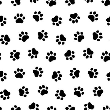 Paw dog or cat seamless pattern. Pepeating black steps dogs or cats on white background. Cute abstract walking backdrop. Repeated pets design for prints. Repeat footmark wallpaper. Vector illustration