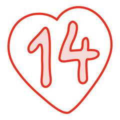 Number 14 in a heart. Outline. Hand drawn calendar date. Vector illustration.