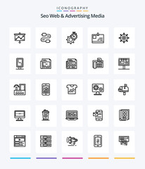 Creative Seo Web And Advertising Media 25 OutLine icon pack  Such As target. identity. timer. id card. watch