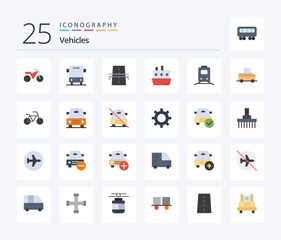 Vehicles 25 Flat Color icon pack including rail. traffic. construction. ship. boat