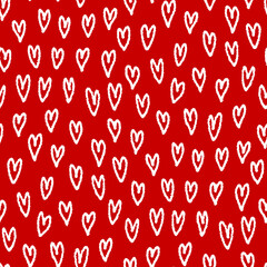 Ink small different white hearts isolated on red background. Cute monochrome seamless pattern. Vector simple flat graphic hand drawn illustration. Texture.