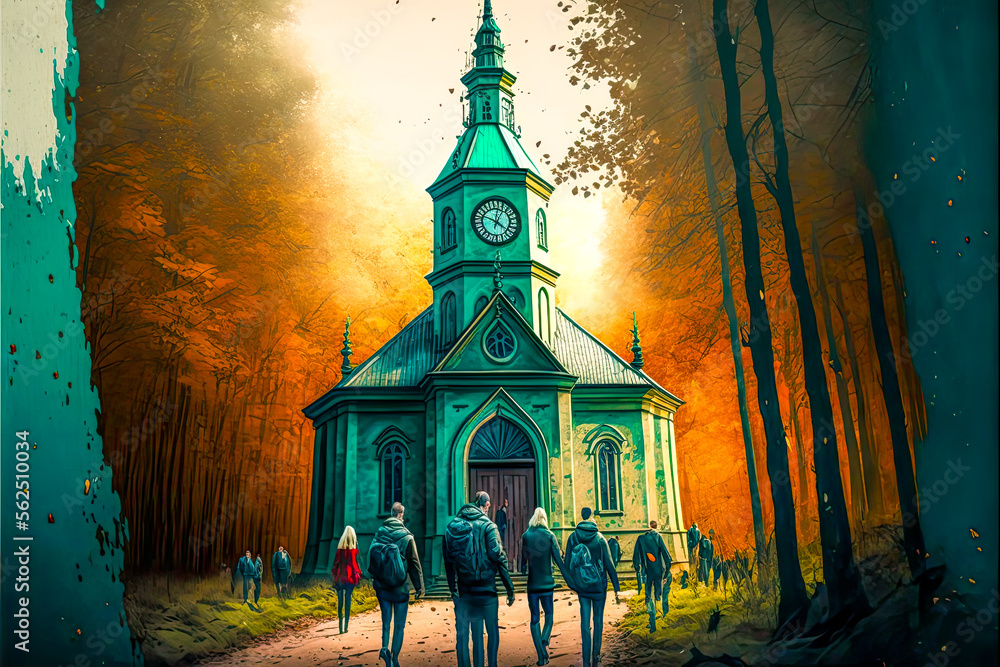 Aufkleber a group of people walking outside of a building with a clock on it - generative ai