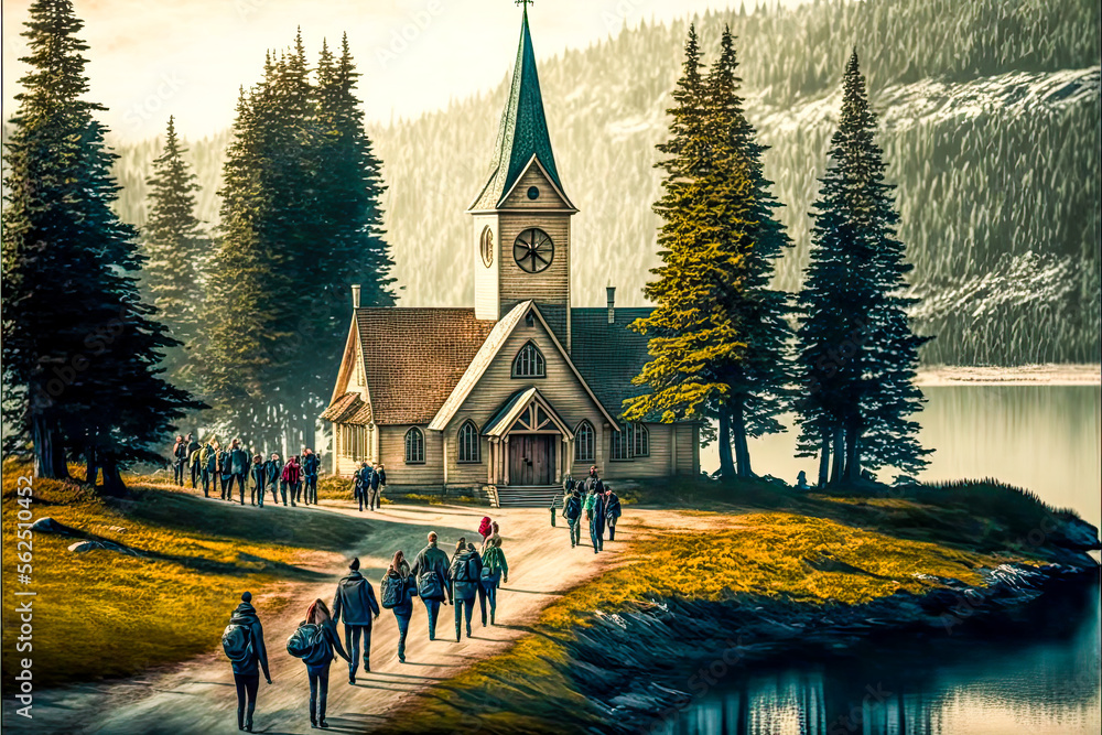 Aufkleber a group of people walking on a path by a building with a clock tower - Generative AI