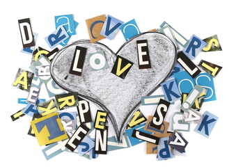 Collage of letters newspapers with hand draw heart isolated on white background and texture, top view