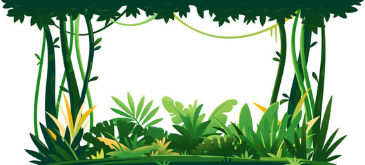 Wild jungle forest with trees, bushes and lianas on white background, decorative composition of jungle plants on one side, dense vegetation of the jungle, topical forest plants