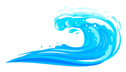 One big blue ocean wave in side view isolated illustration in flat style, wonderful big surfing wave