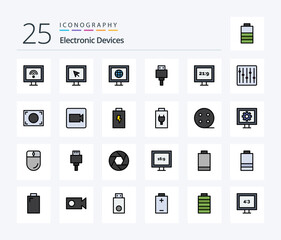 Devices 25 Line Filled icon pack including music. devices. file. controls. hd