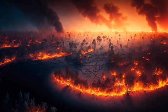 Forest wildfire, aerial view, night. Generative AI