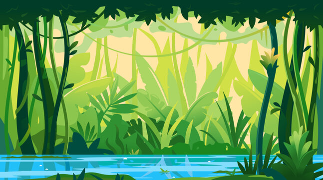 Fototapeta River flows through the jungle around different plants and trees with lianas, wildlife of tropical forest flooded with water, illustration of equatorial jungle, rainforest background