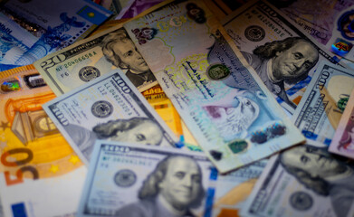 euro banknotes and coins, dollar banknotes with bitcoin