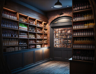 Liquor store interior. Fictitious text and labels. Generative AI